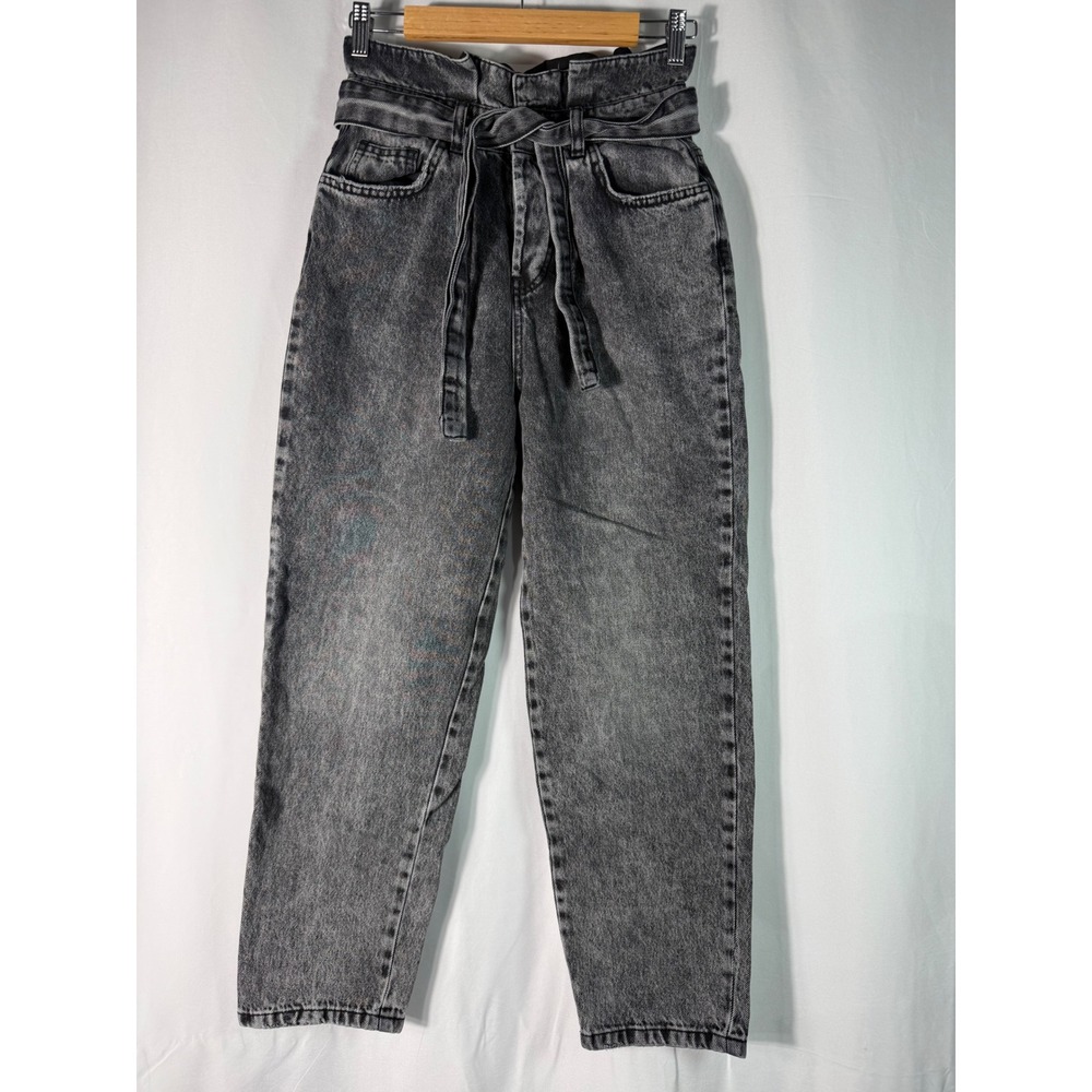 Acid‎ Wash Black Paperbag Waist Jeans Relaxed Tapered Leg with Belt Womens